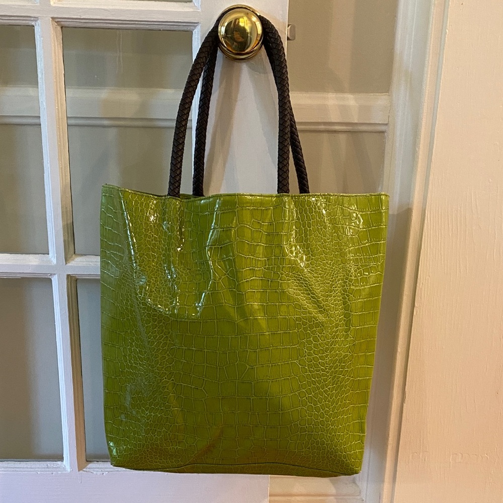 Neiman Marcus Lime Green Croc-Embossed Vinyl Tote with Braided Handles